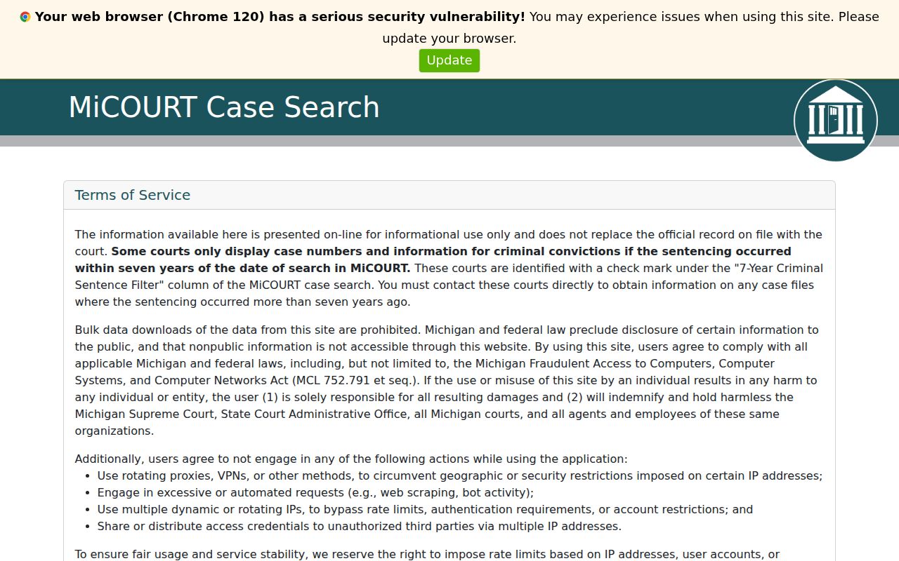 Ionia County warrant records search source: Michigan MiCOURT case-search page showing the court selector and notice of informational use