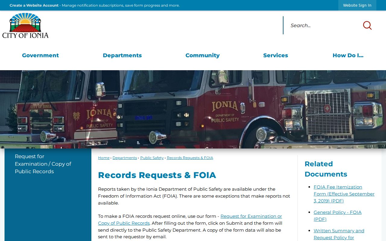 Ionia County warrant records source: city records request page showing the Ionia FOIA form fields