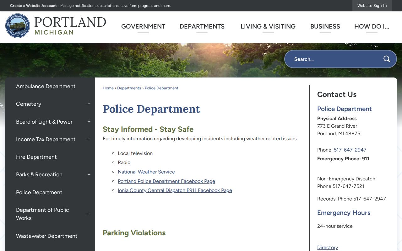 Ionia County warrant records source: Portland Police Department page showing the station address and contact numbers