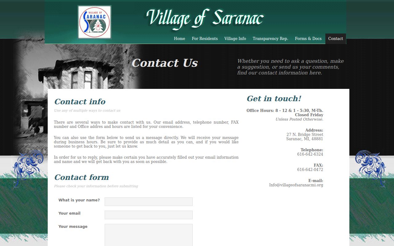 Ionia County warrant records source: Saranac village contact page showing the office address, phone number, and hours