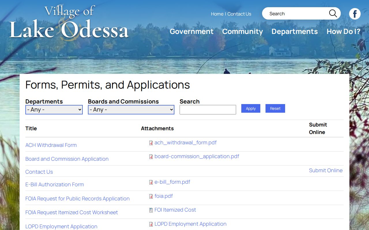 Ionia County warrant records source: Lake Odessa village forms page listing the FOIA request application and cost worksheet